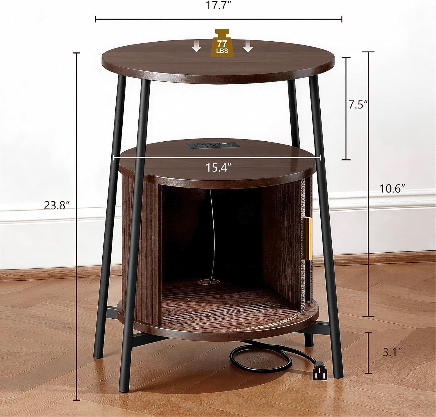 avobird Round End Tables Set of 2 & Charging Station, Fluted Accent Side Table with Sliding Door, Mid-Century Modern Nightstand set of 2 for Small Space Storage, Living Room, Bedroom,Sofa, Walnut