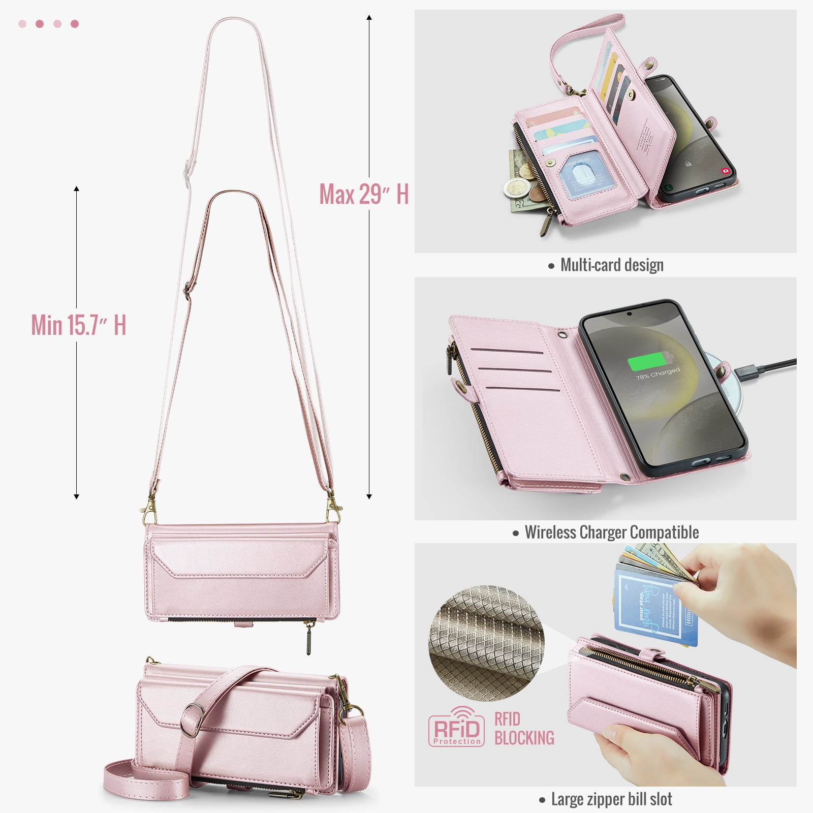 Asuwish Compatible with Samsung Galaxy S24 5G Zipper Wallet Phone Case Tempered Glass Screen Protector Crossbody Lanyard Strap Flip Card Holder Slot Cell Cover for S 24 24S G SM-S931U Women Rose Gold