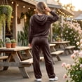 thumbnail image 4 of Szluipve Women Velvet 2 Piece Tracksuit Zip Up Hooded Long Sleeve Jacket High Waist Wide Leg Pants Casual Solid Loungewear Matching Set, 4 of 6