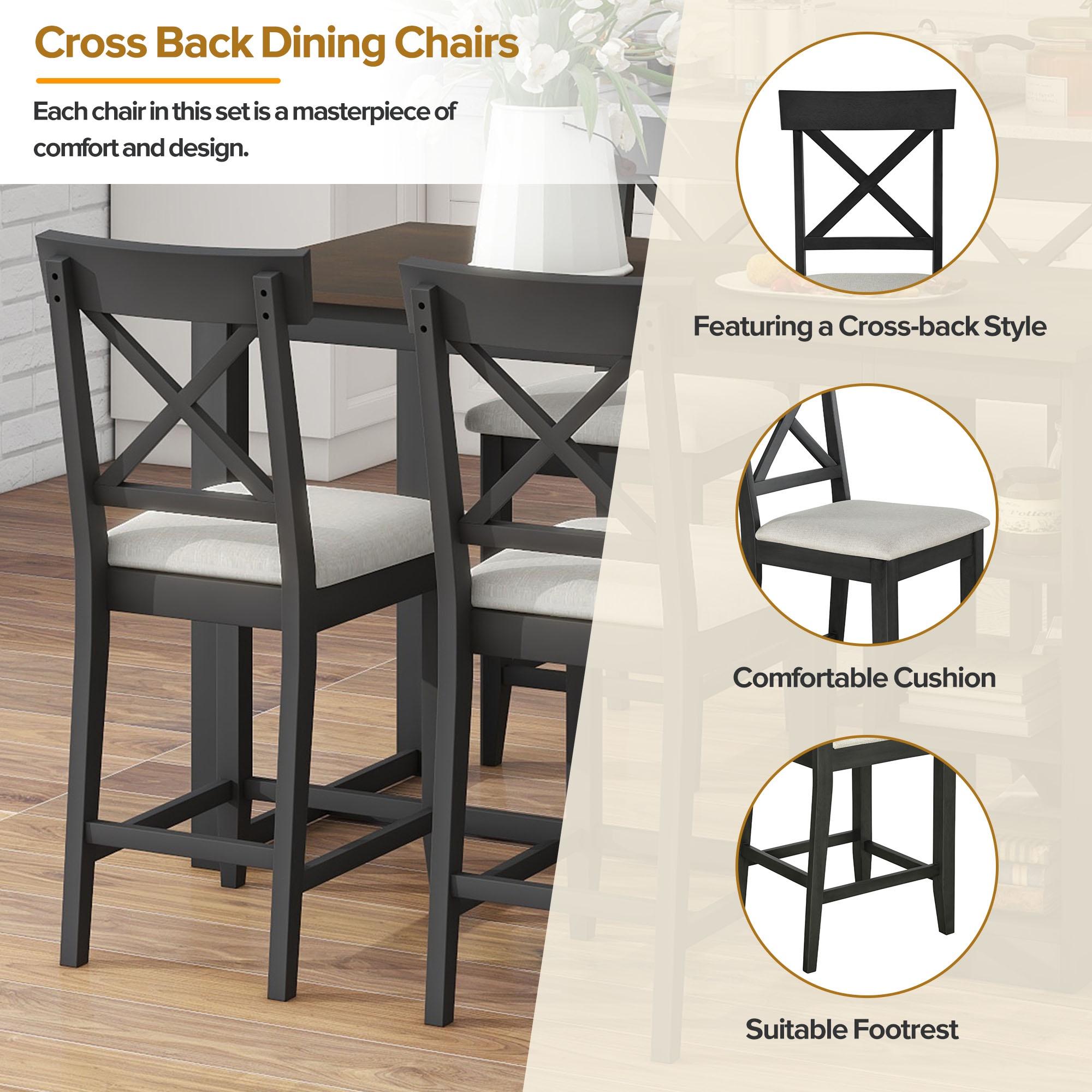 PORKISS 5 Piece Dining Table Set, Solid Wood Dining Table with 3-tier Storage Shelves, 4 Upholstered Chairs for Dining Room Kitchen Apartment, Gray