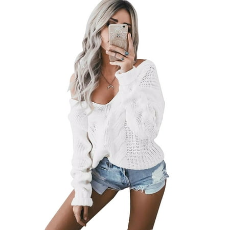 - Women Winter Knitted Sweater Knit Baggy Pullover Jumper Sexy V-neck Knitwear Long Sleeve Tops Knitting Warm Blouse