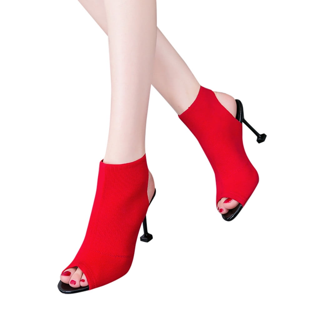Xzngl Women s Fish Mouth Open Toe Stiletto Shoes Stretch Knit High Heels Roman Shoes Red