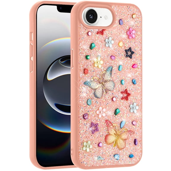 XPM for Apple iPhone 17E /16E Diamond Butterfly 3D Glitter Bling Design, Slim Hybrid Sparkle Protective Cover TPU for Women Girls Phone Case Cover (Light Pink)
