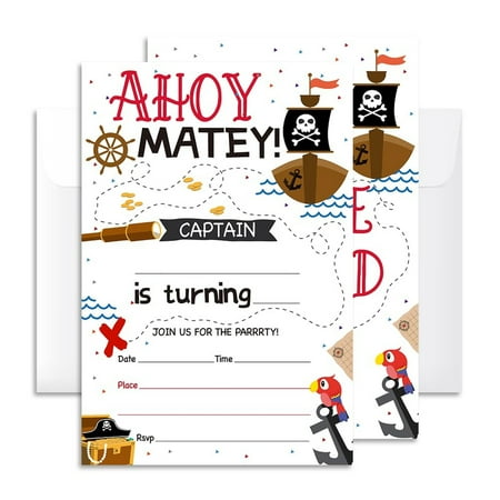 Ahoy Matey Pirate Party Invitations Pack of 20 - Fun 4" X 6" Cards with Envelopes for Kids and Teens - Perfect for Boys and Girls Pirate Themed Celebrations and Decorations