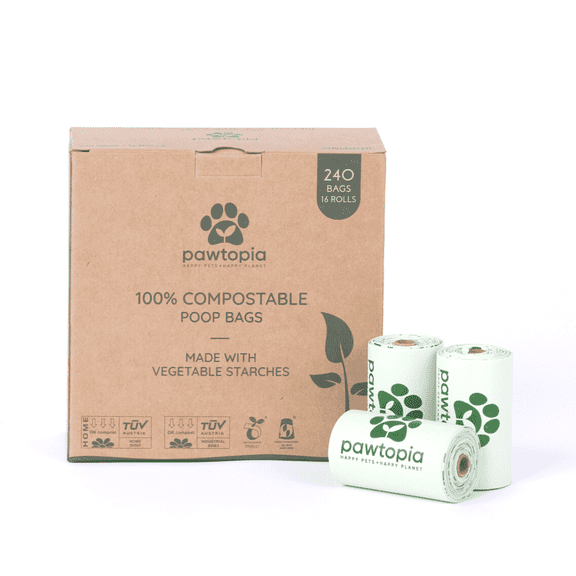 Pawtopia Certified Home Compostable Biodegradable Dog Poop Bags |  Cat Litter Bags (240 Bags, Green)