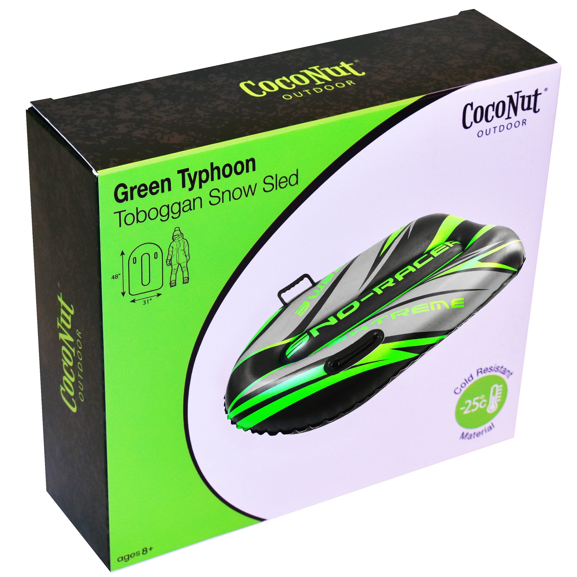 CocoNut Outdoor: Green Typhon Toboggan Snow Sled - 48x31" Lime-Black-Silver, Winter Inflatable, Cold Resistant PVC, 200lb Cap, Kids-Teens-Adults 8+