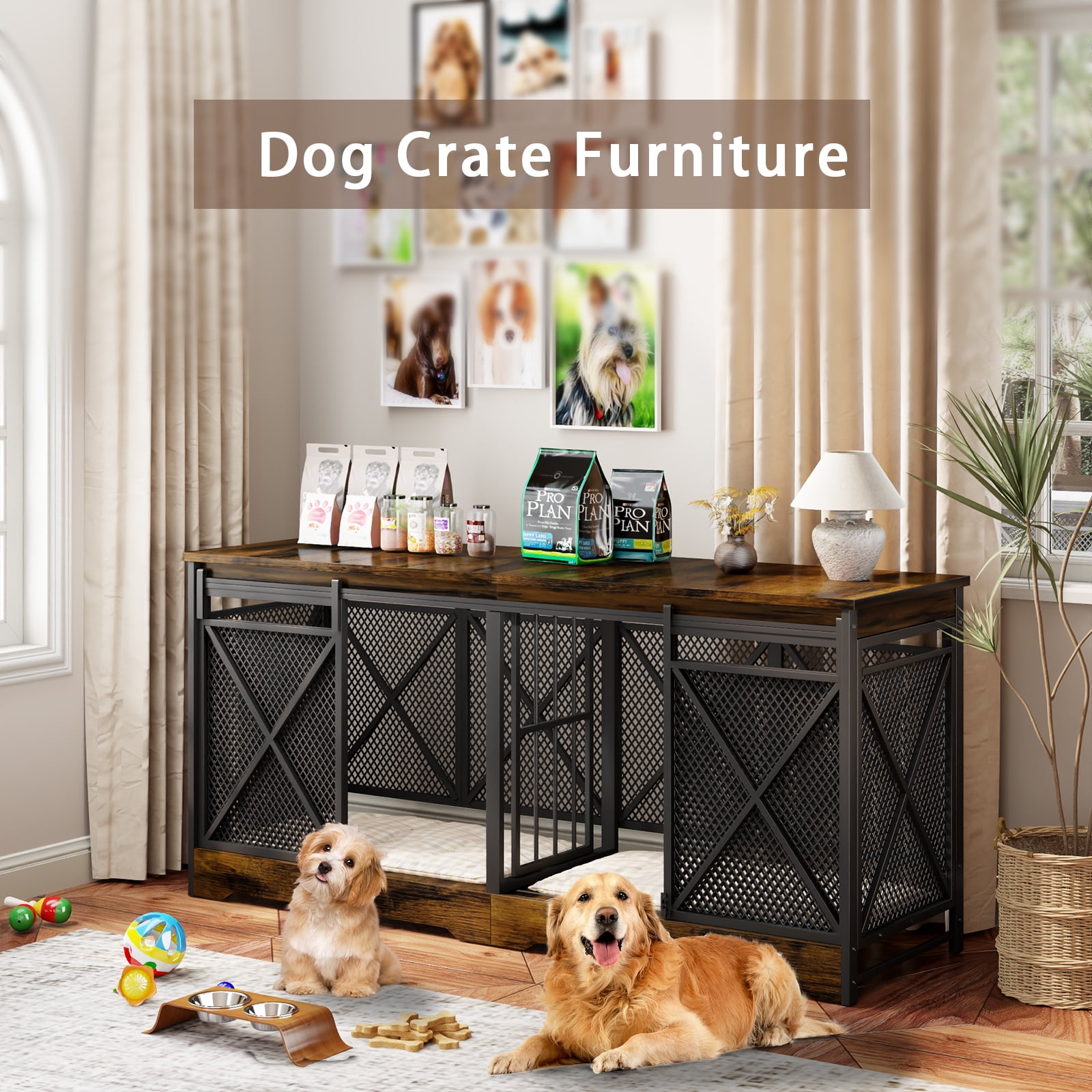 78 inch Double Dog Crate Furniture for 2 Dogs Lager Dog Wooden Crate Kennel table with Removable Divider Indoor Dog House for Small Medium Large Extra Large Size Brown