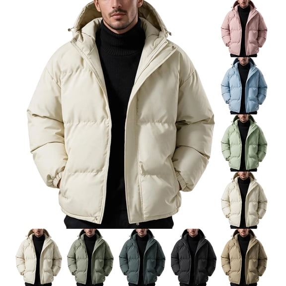 Men's Thick Puffer Jacket Solid Color Warm Hooded Winter Coat Stand Collar Zip Up Padded Outerwear for Daily