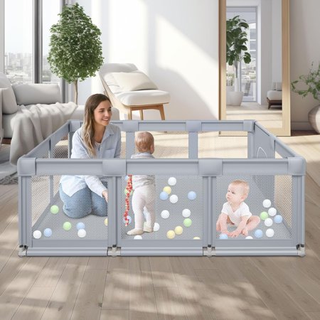 74''×50'' Large Baby Playpen, Baby PlayPens for Babies and Toddlers, Baby Fence Play Pen for Indoor & Outdoor, Sturdy Safety Baby Play Yard with Soft Breathable Mesh, Grey