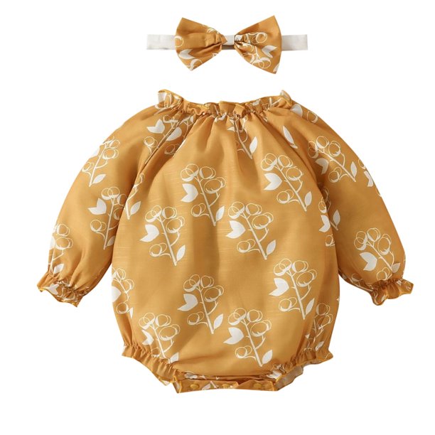 Gibobby Mameluco para niña Ropa de bebé recién nacido de manga larga +diadema 2 piezas otoño invierno mono trajes(Amarillo, 0-3 Meses)