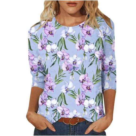 Cilsoka Fashion Tops Work, 3/4 Length Sleeve Womens Tops Crew Neck Vintage Floral Print Shirts Casual Loose Fit Basic Tunic Blouses, Graphic Trendy Tees