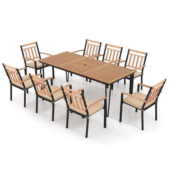 Gymax 9 PCS Patio Dining Set w/ Rectangular Acacia Wood Dining Table 8 Cushioned Chairs