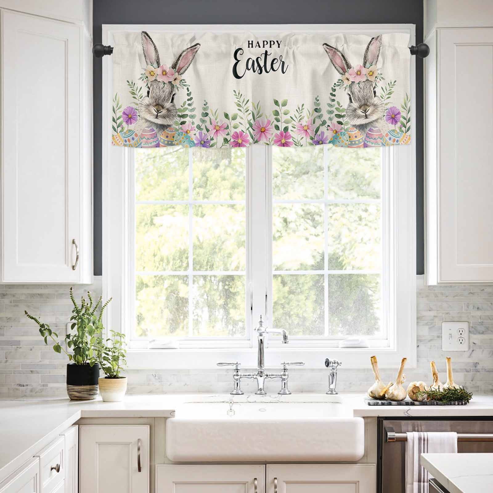 Happy Easter Kitchen Curtains Valances and Tiers Set of 3 Cute Spring Bunny Linen Texture Tier Curtains and Valance for Kitchen Bathroom Small Windows 27.5"W x 36"L (Pack of 3)