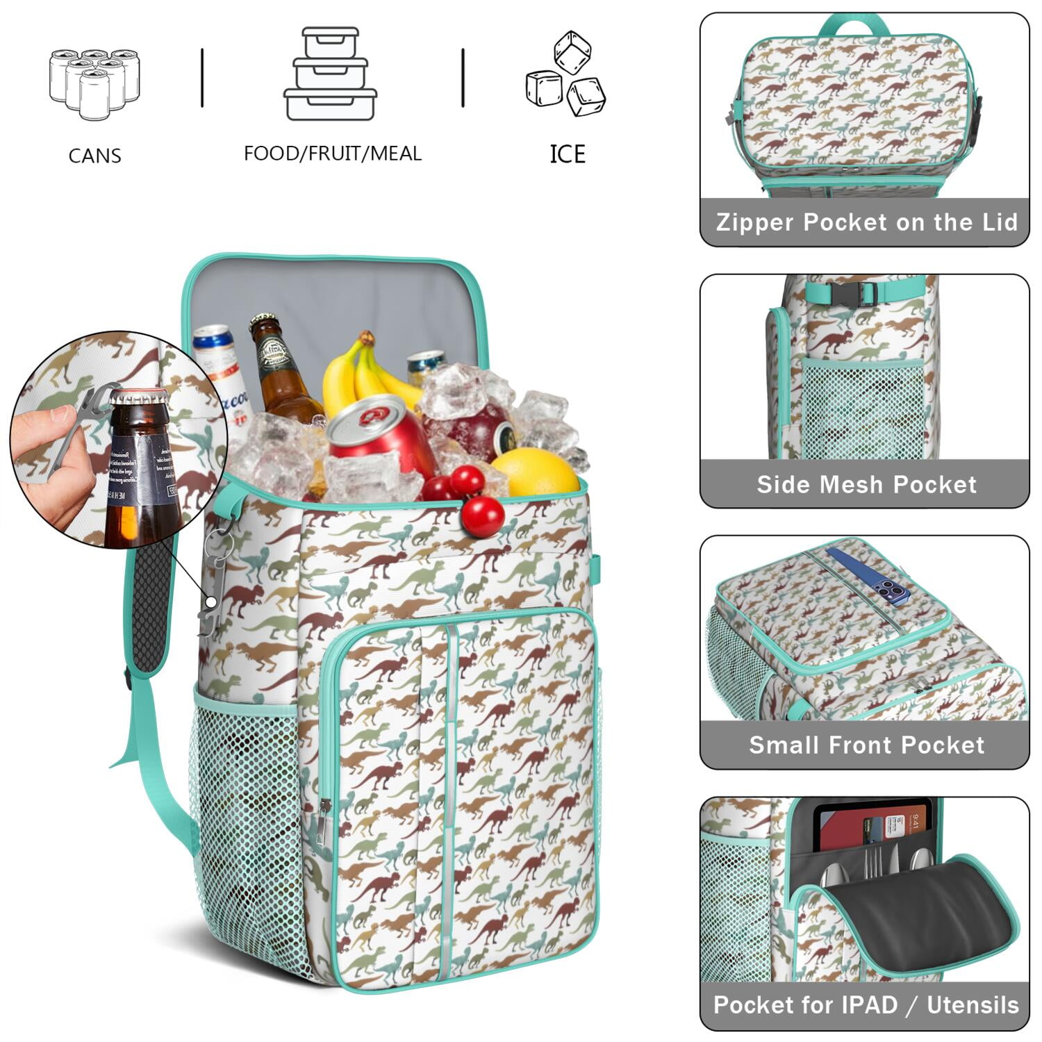 Travel Cooler Bag - White Dinosaur Silhouette Pattern Camping Beer Cooler Backpack with Bottle Opener- Waterproof Insulated Picnic Backpacks - Cooler Bag for Beach