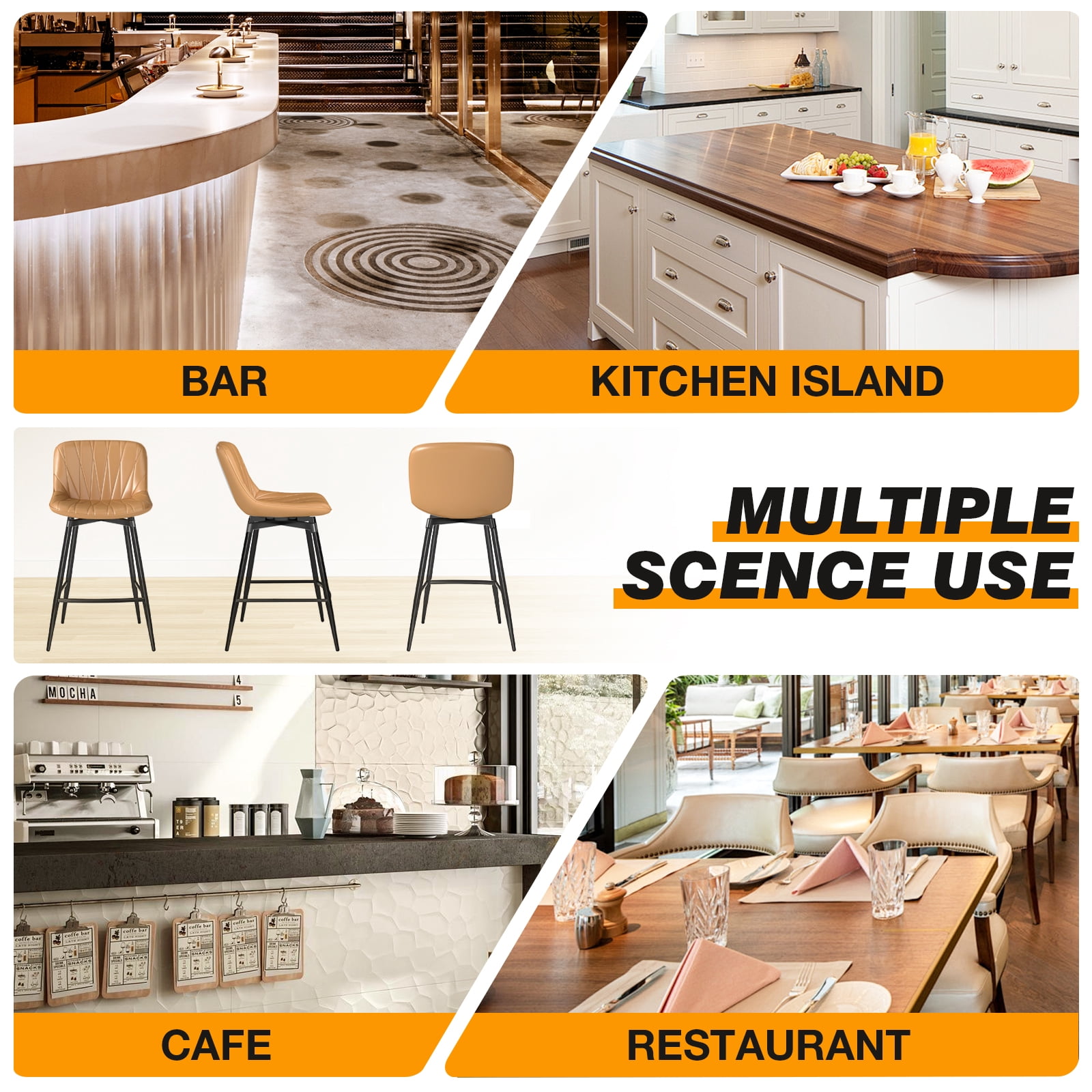 TAVR Modern 30" Swivel Bar Stools Set of 2 with Back & Footrest, Upholstered Counter Height Bar Chairs for Kitchen Island, PU Leather in Brown