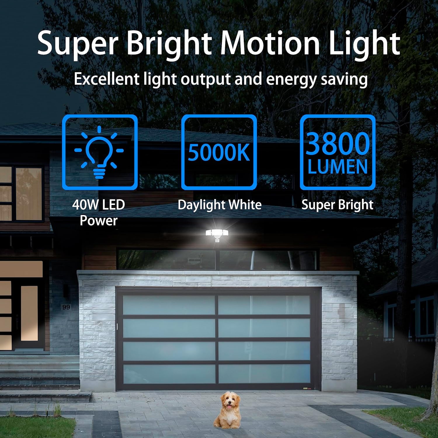 Upgraded 3 Head LED Security Lights with Motion Sensor, 40W, 3800LM, Motion Security Light, 5000k, ETL Water Resistant, Motion Detected Flood Light for Garage, Yard, Porch (White)