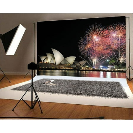Image of HelloDecor Sydney Opera House Backdrop 7x5ft Photography Backdrop Australia Festival Celebration Fireworks Square Night Scene River Sky Photos Video Studio Props