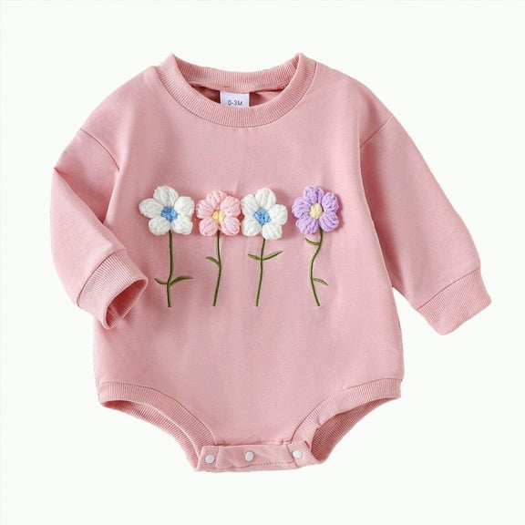 CAICJ98 Newborn Baby Girl Clothes 3D Floral Long Sleeve Sweatshirt Romper Onesie Bodysuit Fall Winter Infant Outfits (Pink,12-18 Months)