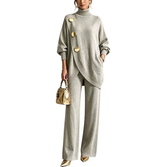 Szluipve 2 Piece Sets for Women Turtleneck Knit 2 Piece Outfit Set Irregular Wrap Sweater Top With Gold Buttons High Waist Wide Leg Pants Elegant Loungewear Suit Light Gray XL