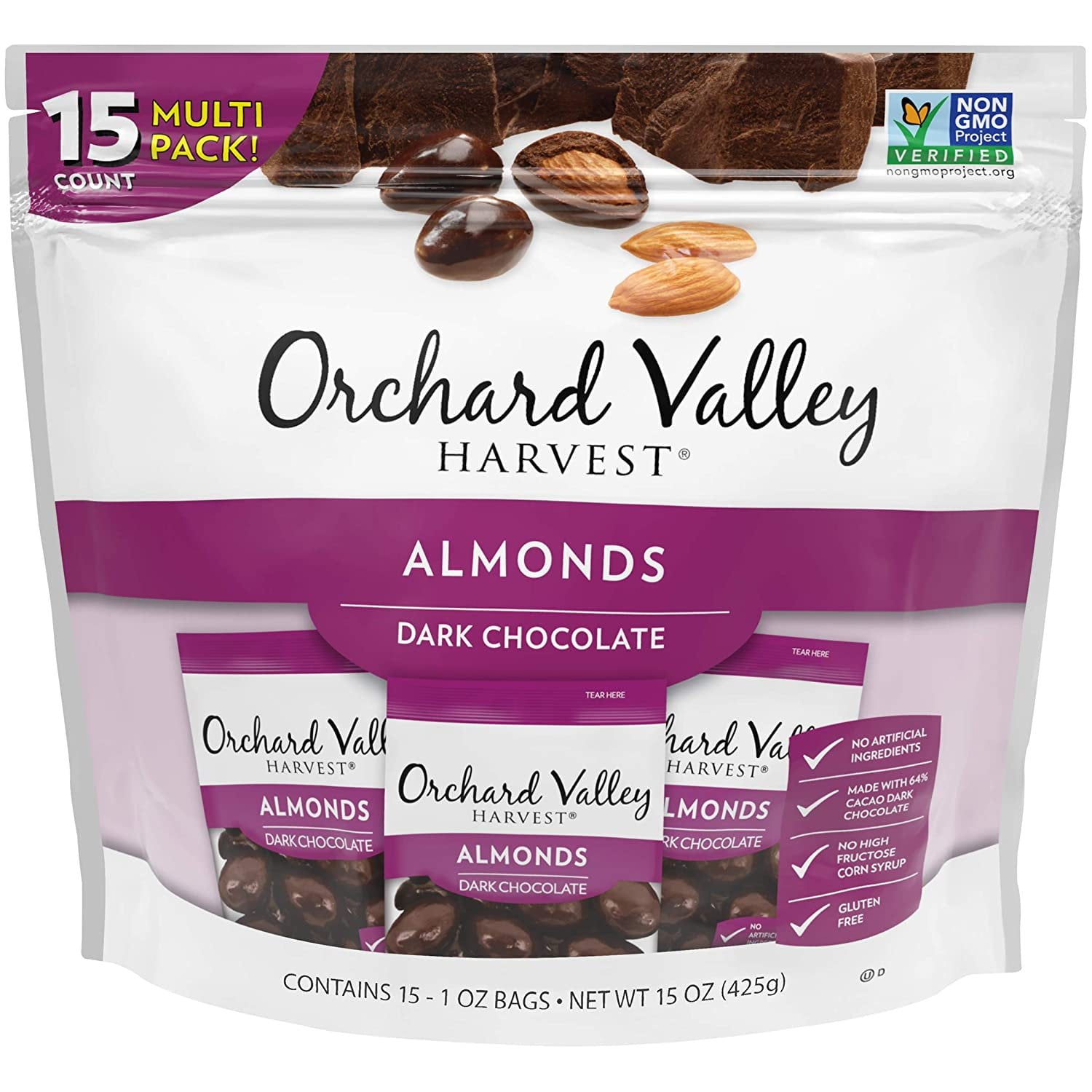 ORCHARD VALLEY HARVEST Dark Chocolate Almonds, 1 oz (Pack of 15), Non