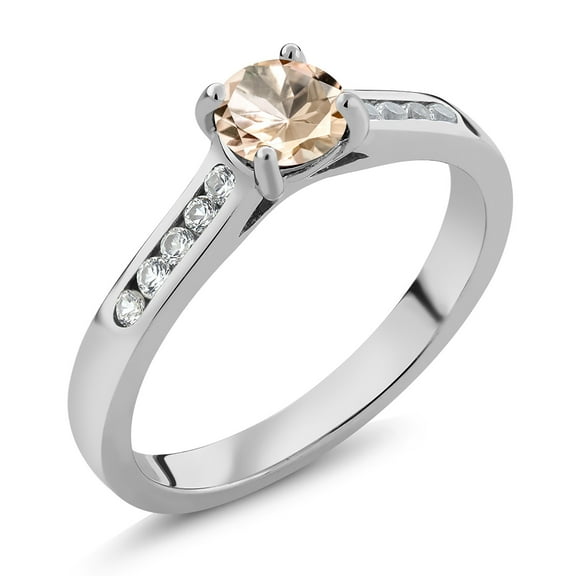 Gem Stone King 925 Sterling Silver Peach Morganite and White Created Sapphire Engagement Ring for Women | 0.50 Cttw | Round 5MM | Gemstone October Birthstone | Size 9