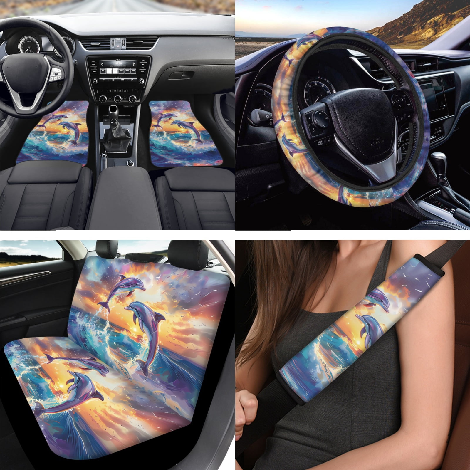 Jeiento Dolphin 17 Pcs Car Seat Cover Full Set with Car Floor Mats Steering Wheel Cover Keychains Seatbelt Pad Armrest Cover Cup Coasters Chapstick Holder Coasters Interior Automotive Accessory