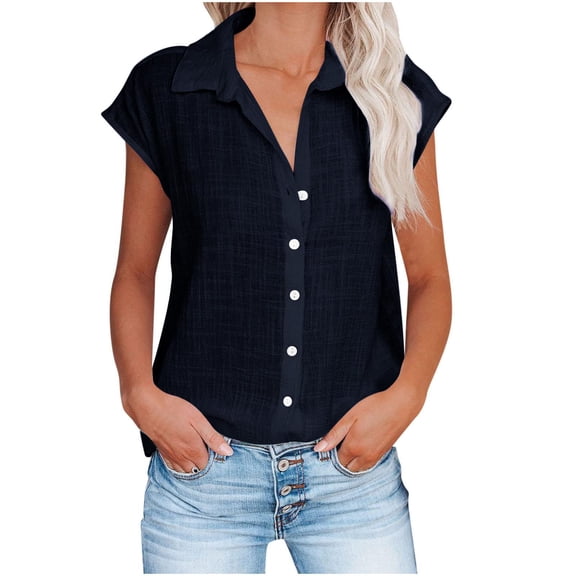 Womens Button Down Linen Shirt Short Sleeve V Neck Shirts Solid Color Comfy Tops Summer Casual Dressy Tunic Top