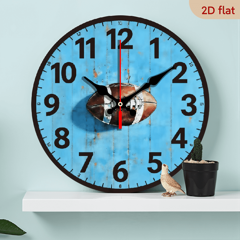 A 10-inch 2D flat wooden silent round wall clock with a Simple Football theme, suitable for decorating bedrooms, living rooms or offices. It is an ideal gift choice for Christmas and New Year.