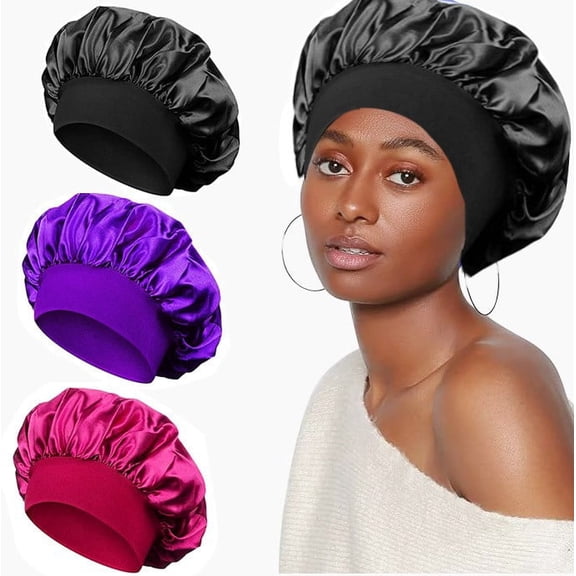 3PCS Satin Bonnet for Women, 30cm Adjustable No-Slip Sleep Cap for Curly Hair, Breathable Head Wrap for Sleeping & Skincare