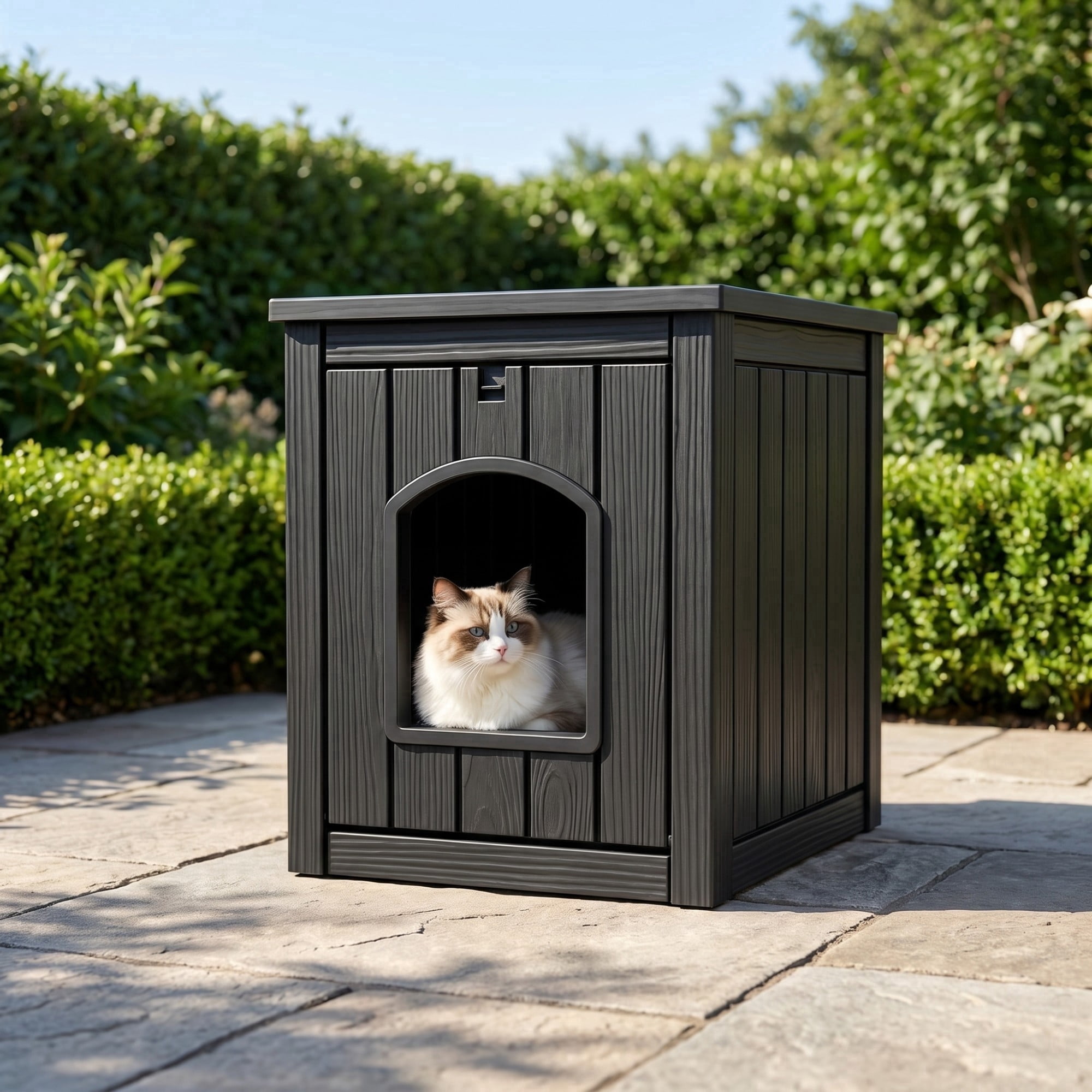 ENNSOO Outdoor Cat House Weatherproof Resin Cat Shelter for Indoor & Outdoor, Durable All-Season Pet House for Feral, Stray & Domestic Cats, Black
