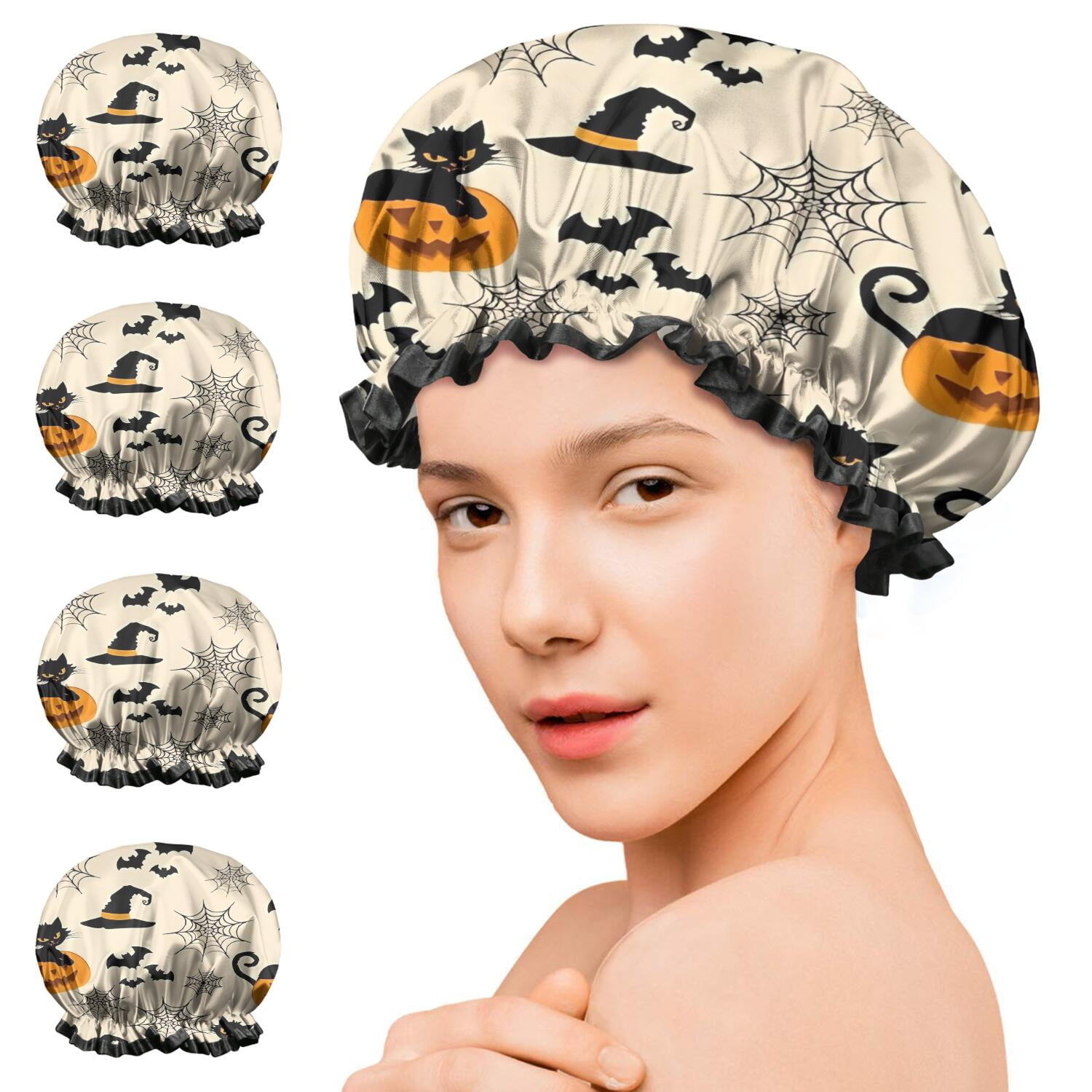 Shower Caps,Black Cat Pumpkin Halloween Pattern Waterproof Shower Cap for Women 4 Pieces,Double Reusable Hair Cover for Shower PEVA Elastic Stretch Hem