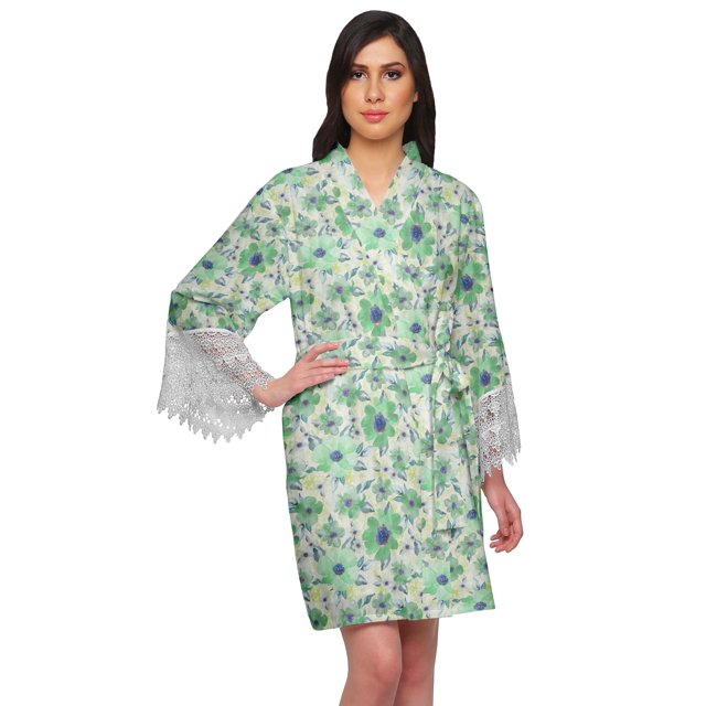 Moomaya Printed Short Robes For Women Cotton Robes For Women With Lace Trim