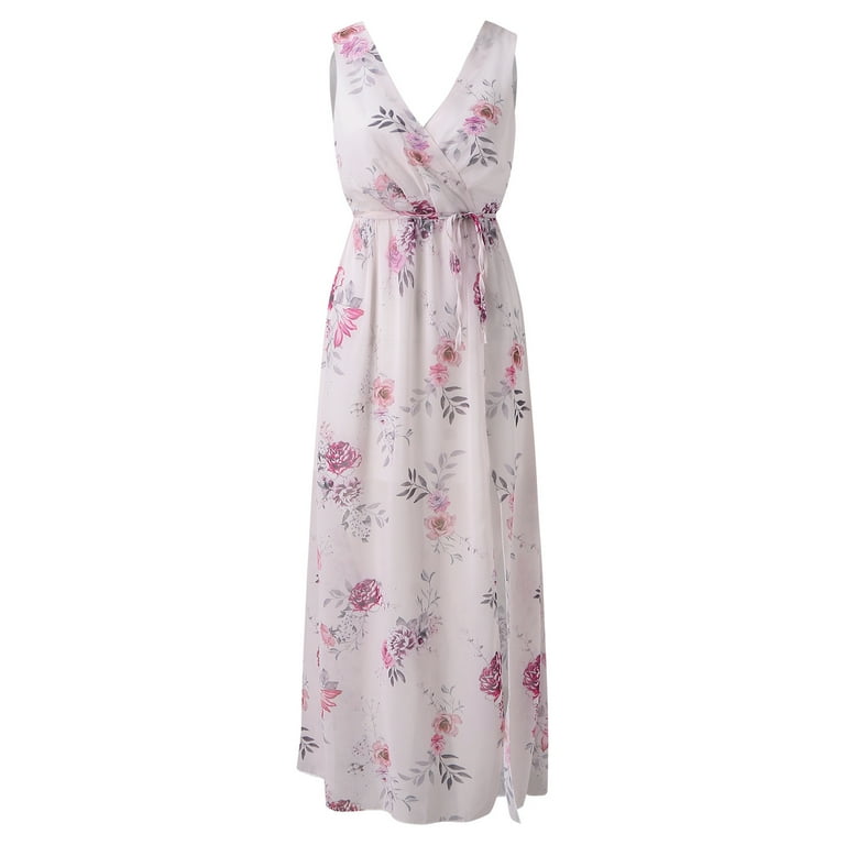 Dresses for Tall Women Work Casual Women Printed V Neck Sleeveless Chiffon Evening Party Long High Slit Dress Sleeveless Knit Dresses for Women
