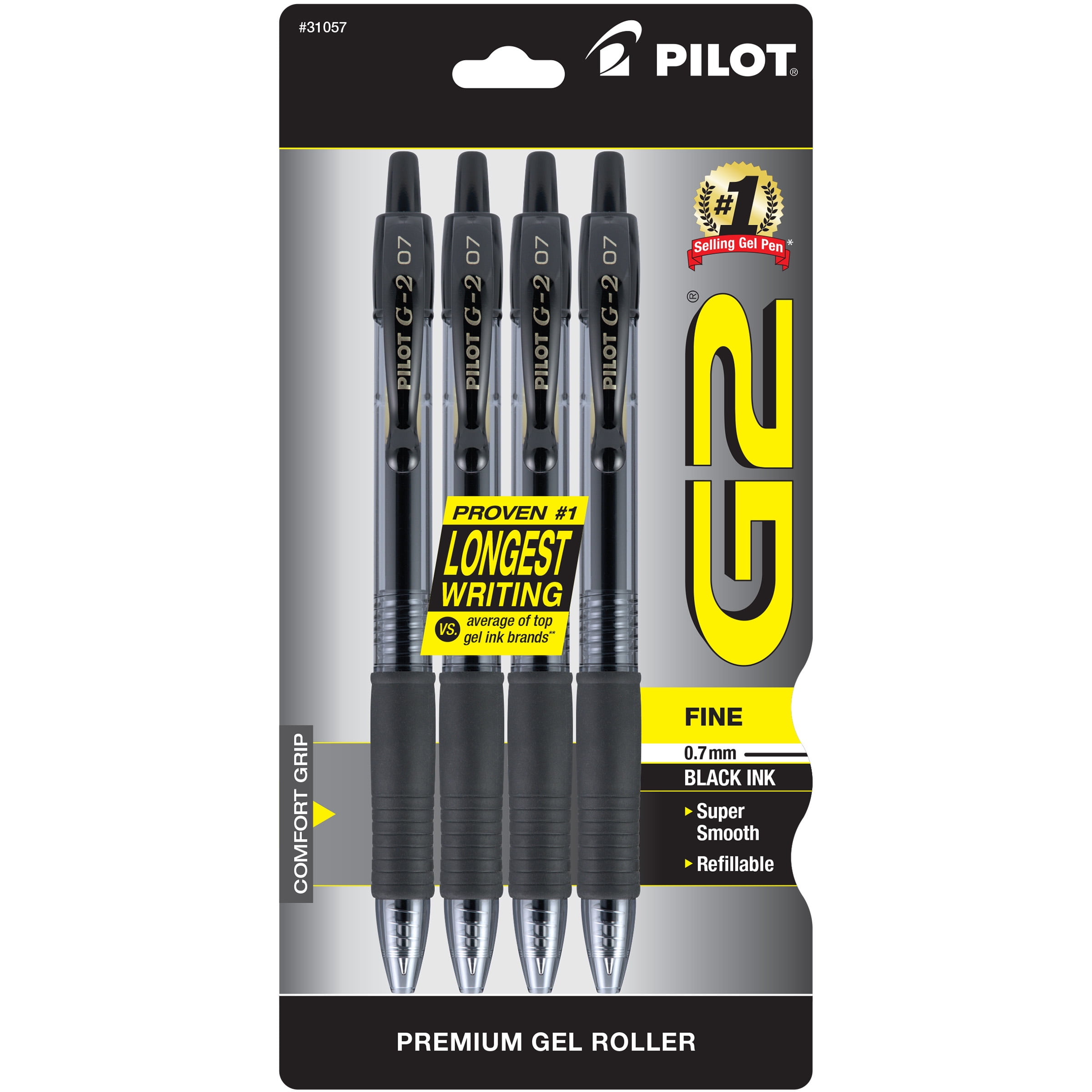 Pack of 2 Pilot G-2 0.7mm Fine Retractable Gel Ink Pen Roller ball BLACK INK 