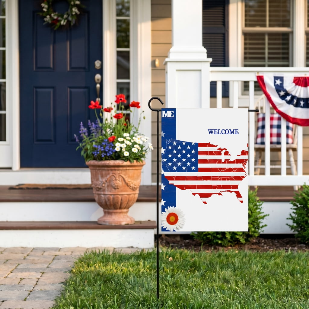 Americana Garden Flag A Map of the United States with an American Flag and a Daisy WELCOME USA 250 Anniversary Standard 28x40 Dimensions Red White and Blue Decorations for Home