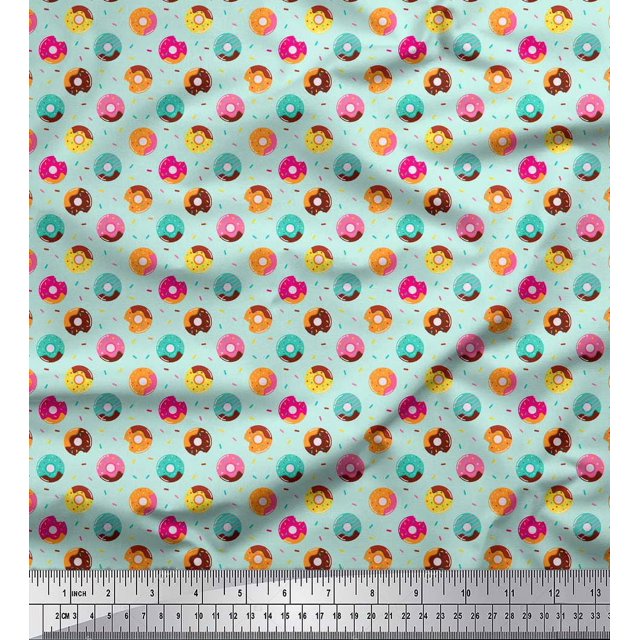 Soimoi Green Poly Georgette Fabric Donuts Food Print Fabric by Yard 42 Inch Wide