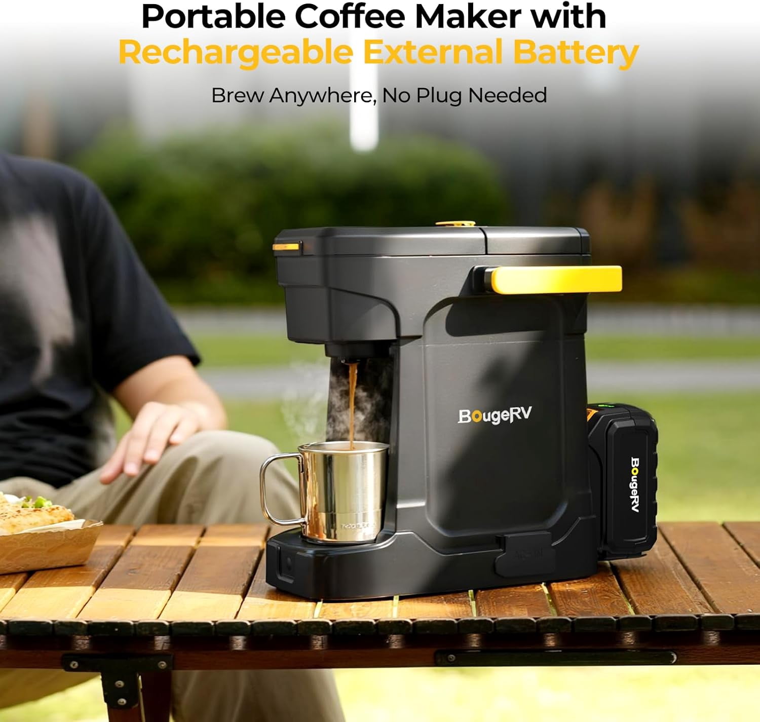 BougeRV Coffee Machine w/ 18V 8Ah Battery Powered Compatible with K Cup Coffee Pods & Ground Cordless Coffee Maker for Travel Camping Outdoor Worker Home