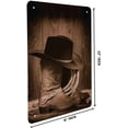 thumbnail image 2 of Rodeo Cowboy Tin Sign Black Felt Hat ATOP Old Ranching Rope in an Antique Wood Barn in Nostalgic Sepia American West Vintage Metal Tin Signs Wall Art Decor for Home Bars Clubs Cafes 8x12 Inch, 2 of 10