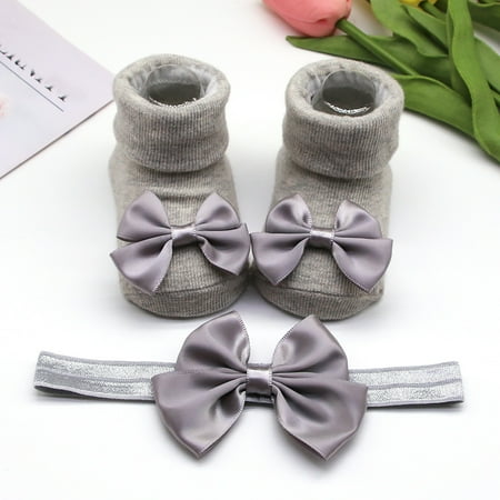 

TOWED22 Kids Socks Children Kids Socks Soft Bottom Toddler Shoes Socks Bowkot Princess Socks Floor Socks 1PC Socks + 1PC Bow Grey