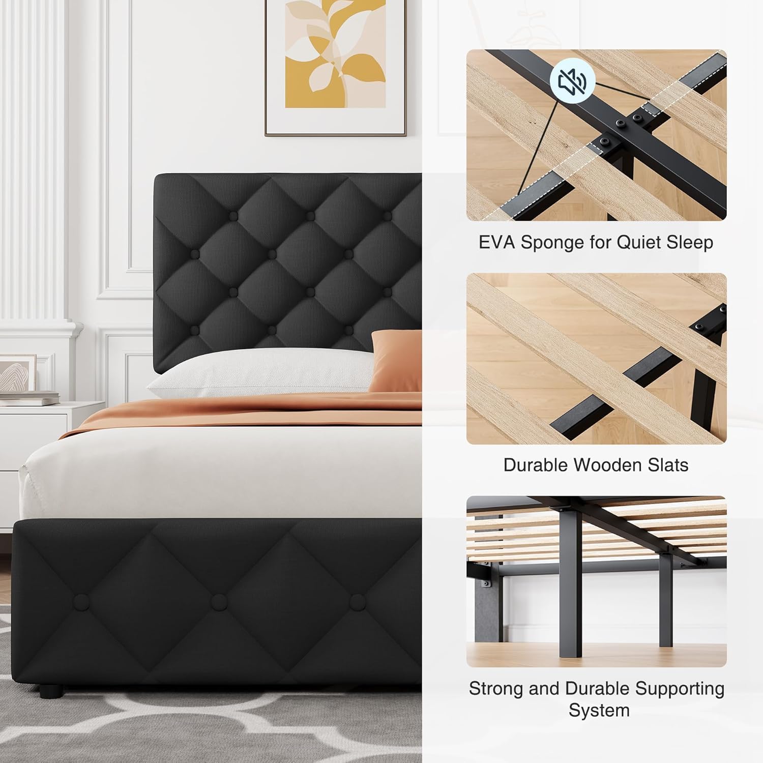 Full Bed Frame with Adjustable Headboard & 4 Storage Drawers, Button Design, No Box Spring, Noise-Free, Black