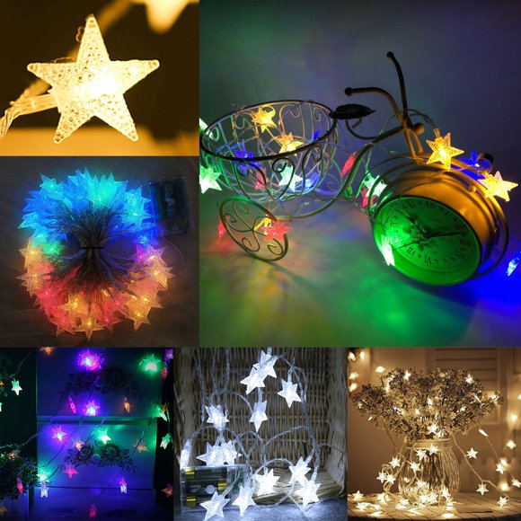 Xihbxyly Guirnalda de Luces Led con Forma de Estrella Pentagonal, Funciona con Pilas, Múltiples Modos de Iluminación, Decoración Festiva, para Uso Interior y Exterior, 20 Estrellas, Funciona con 2 Pi