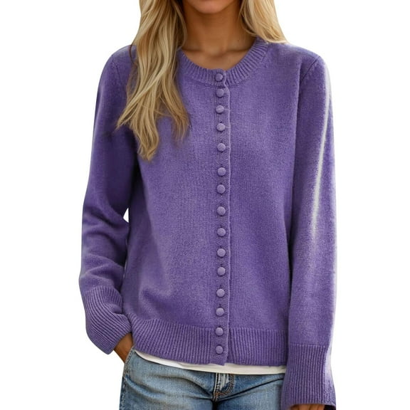 AKOEE Knit Sweater Cardigans for Women Fall Casual Button Up Jacket Crew Neck Solid Color Long Sleeve Knitwear (XL, Purple)