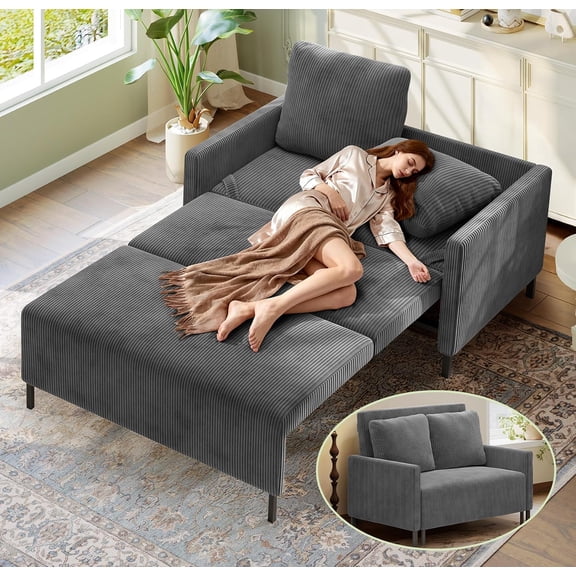 Corduroy Convertible Sleeper Sofa Bed, 47 Inch Pull Out Loveseat Couch with 2 Fluffy Pillows, Heavy-Duty Steel Frame Modern Small Sofa, Space Saving Furniture for Apartment, Dorm, Office, Gray