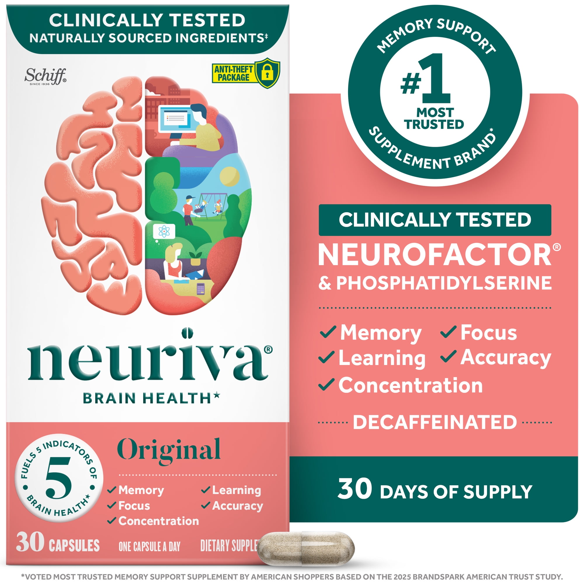 Neuriva Original Brain Health Supplement, Support for Memory and Focus, 30 count Capsules