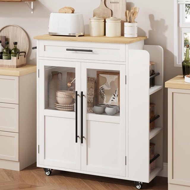 Mobile Kitchen Island Cart With Storage- 360° Rolling Wheels, Drawers, Spice Rack, Black Handle, Versatile Storage and Serving Cart for Kitchen and Dining Room, Small Kitchen Island On Wheels With L