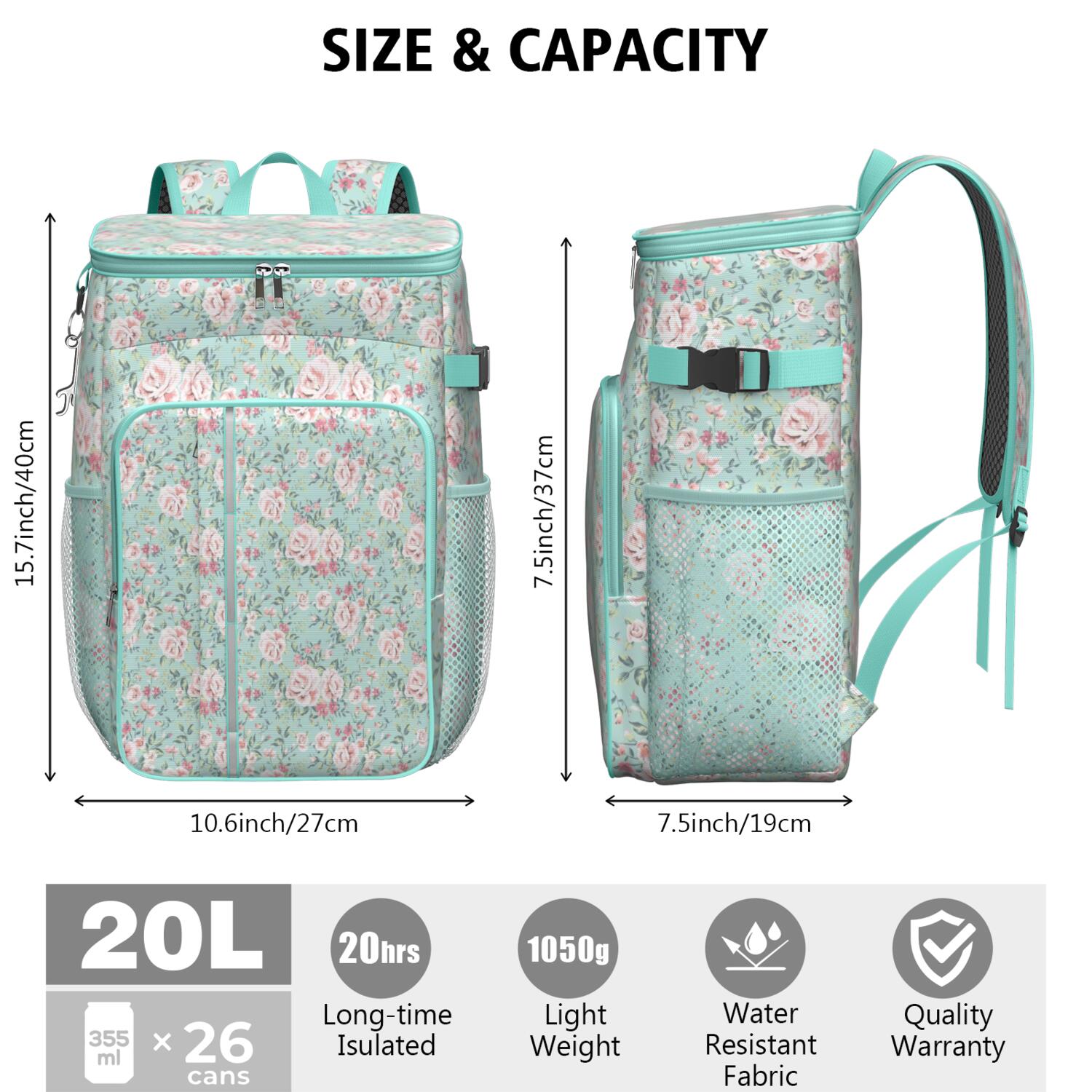Travel Cooler Bag - Pioneer Flower Floral Print Pattern Camping Beer Cooler Backpack with Bottle Opener- Waterproof Insulated Picnic Backpacks - Cooler Bag for Beach