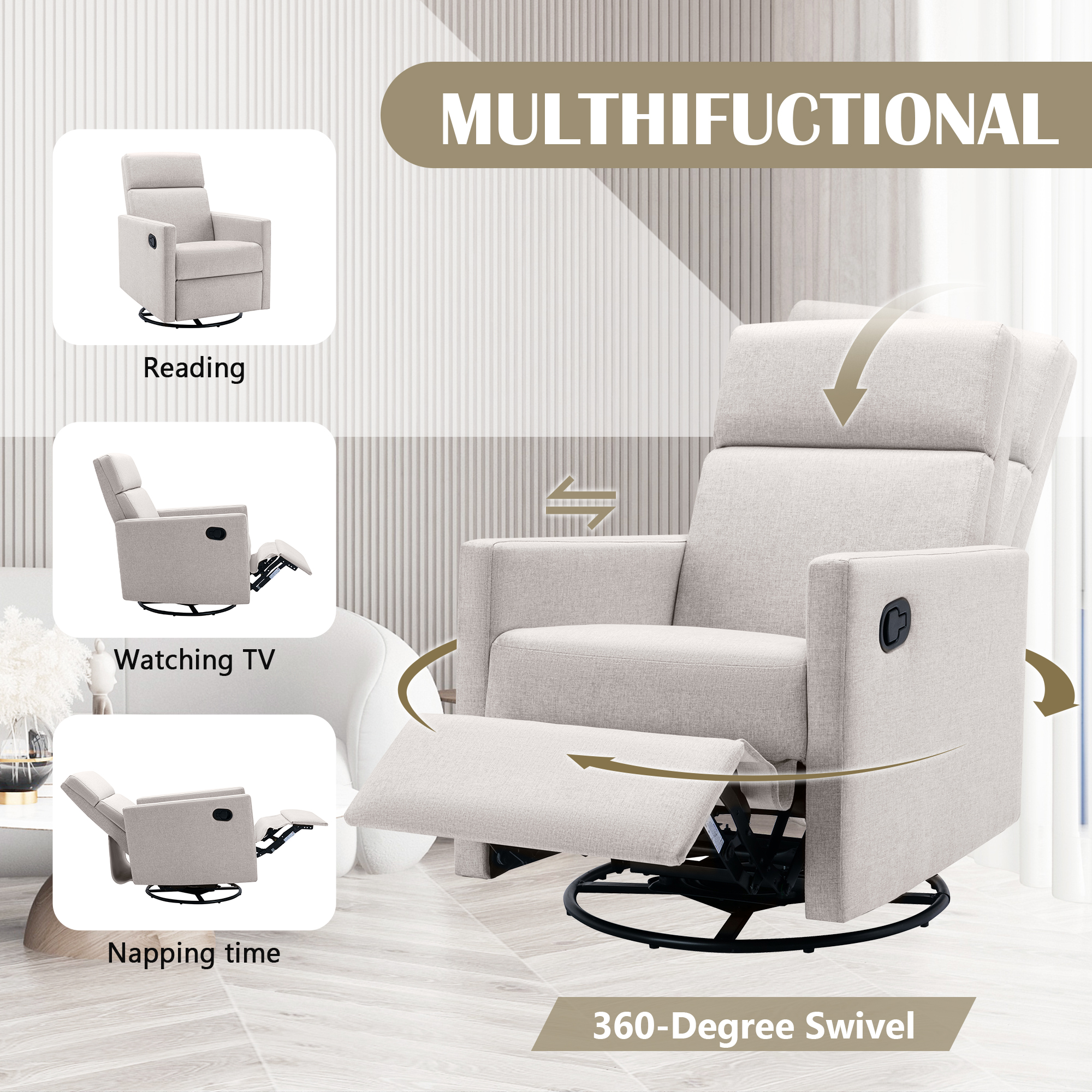 Aukfa Swivel Recliner Chair Rocker Nursery Chair Lounge Chair for Living Room Bedroom,Tan