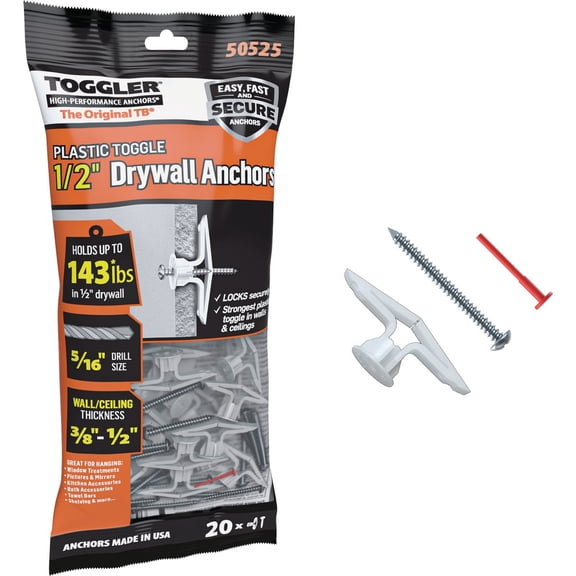 TOGGLER Toggle TB Residential Drywall Anchor with Screws, Polypropylene, Made in US, 3/8" to 1/2" Grip Range, For #6 to #14 Fastener Sizes Pack of 20