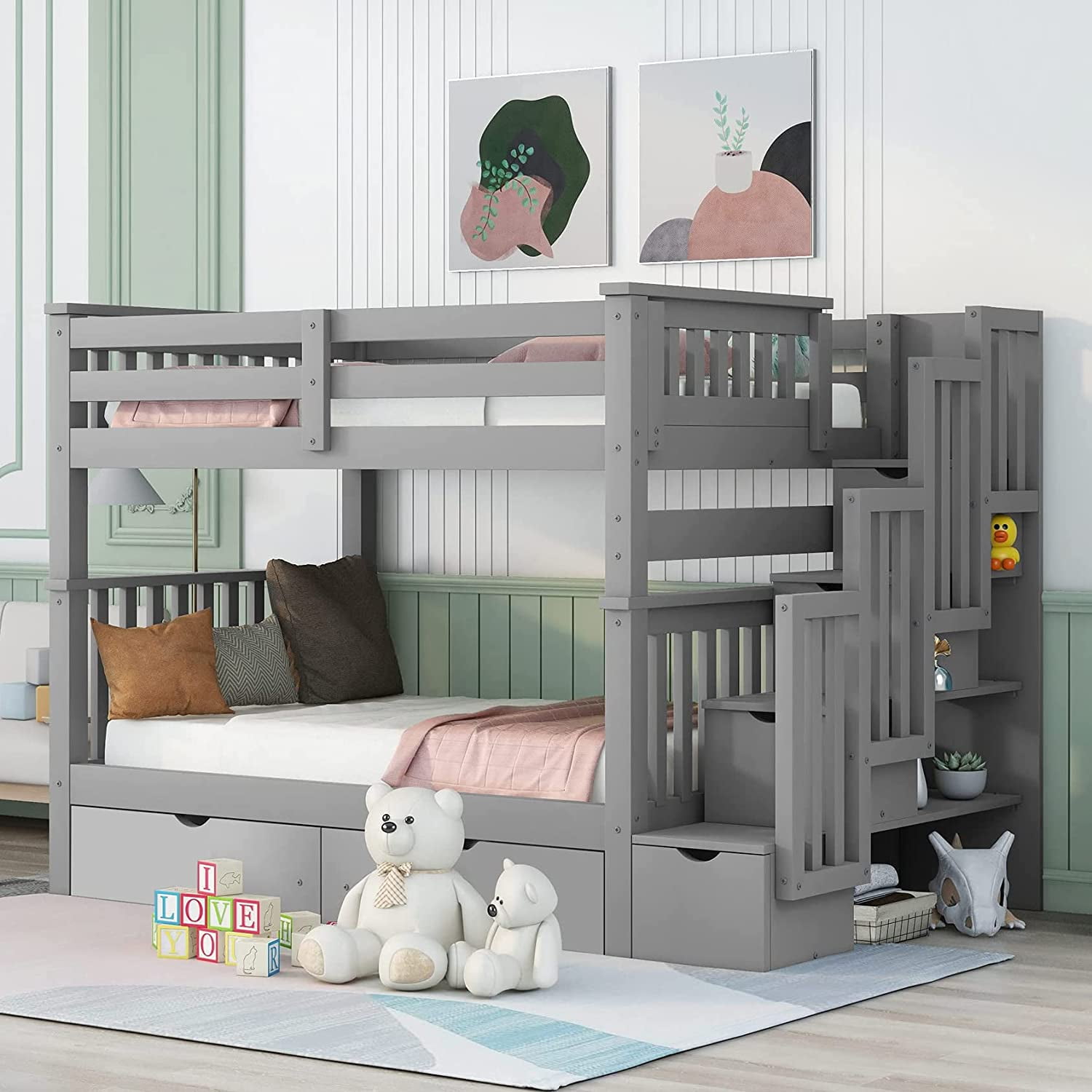 Bellemave Full Bunk Bed with Staircase, 6 Drawers, Under-Shelf Storage ...