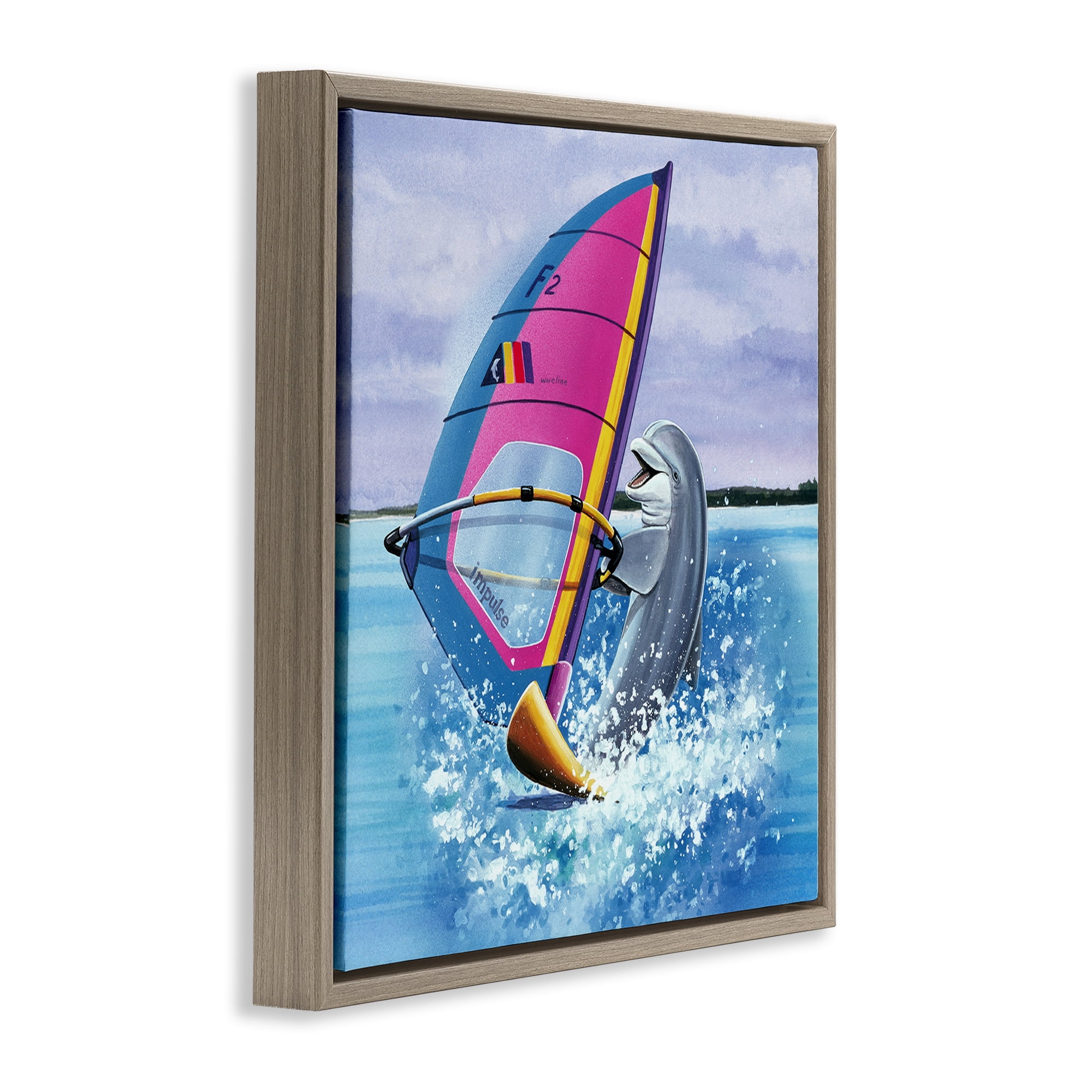 Stupell Industries Wind Surfer Dolphin Animals Painting Brown Floater Framed Canvas Art Print Wall Art, 18 x 18